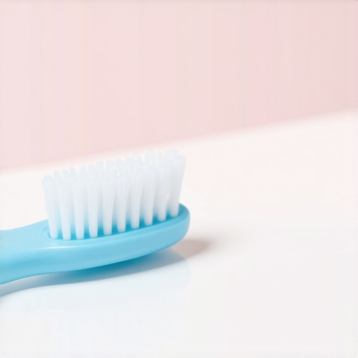 A soft toothbrush with desensitizing toothpaste on a bathroom sink