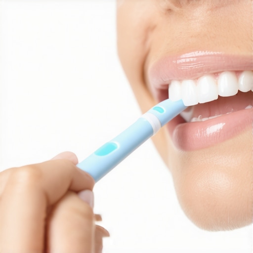 Person gently brushing gums with a soft toothbrush, showing proper technique