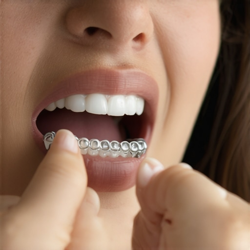 Person examining a broken dental retainer with a mirror