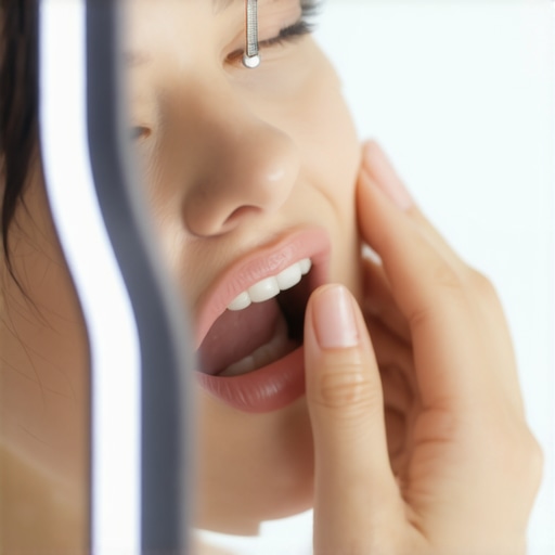 Person checking their dental implant in the mirror while sick.