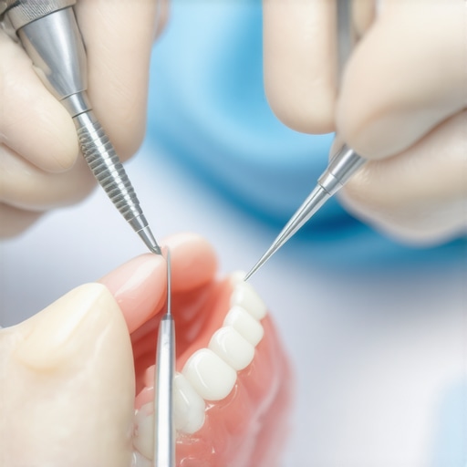 Dentist fitting a dental crown using advanced tools in a clinical setting