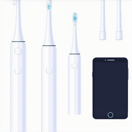 A collection of high-tech dental tools placed on a countertop, including an electric toothbrush, water flosser, and a smartphone displaying dental monitoring software.