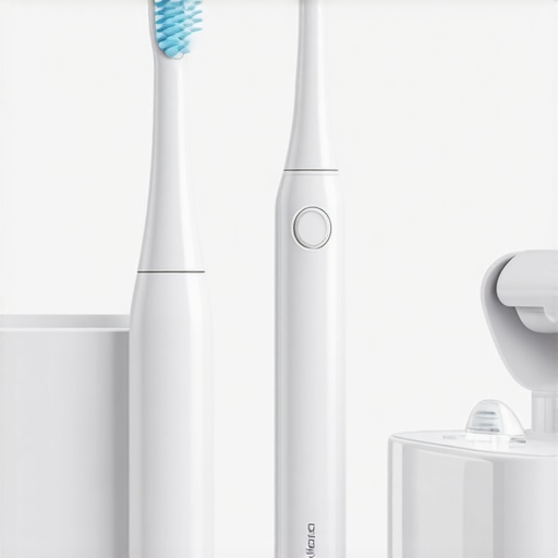A collection of advanced dental tools including a sonic toothbrush, digital scanner, and Invisalign storage case