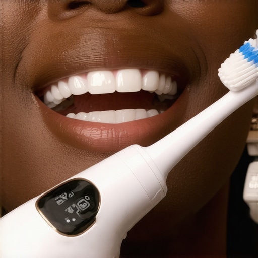 Modern Electric Toothbrush with Pressure Sensor A person brushing their teeth with a high-tech electric toothbrush showcasing advanced features.
