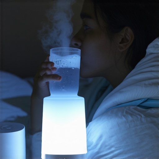 Person holding a glass of water next to a humidifier in a bedroom for dry mouth treatment