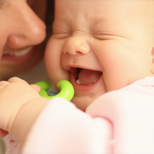 Parent comforting crying baby with a chilled teething ring during molar teething