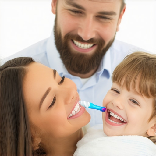Dentist demonstrating brushing to a child in a dental office