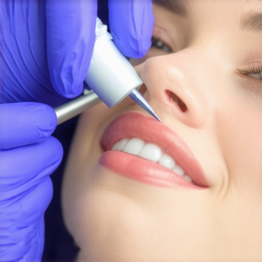 Professional Dental Cleaning Equipment in Action Dentist cleaning a patient's teeth with ultrasonic scaler during a dental procedure.