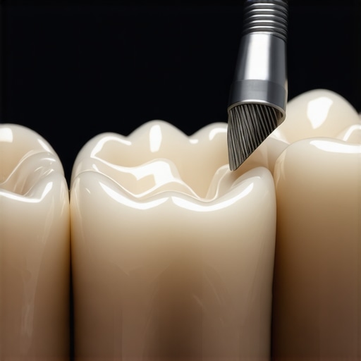Dental professional polishing porcelain crown at the gumline with a polishing tool.
