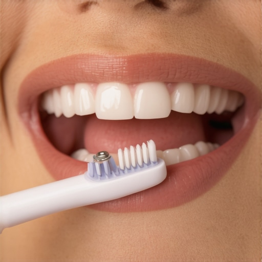 Person brushing dental implants with electric toothbrush emphasizing gum care.