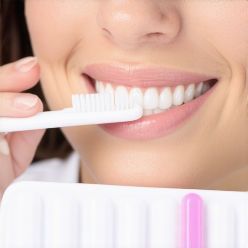 A person gently brushing clear aligners with a soft toothbrush and cleaning tablets.
