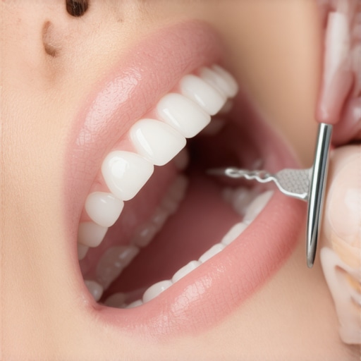 Dental professional fitting a custom night guard on a patient's teeth.