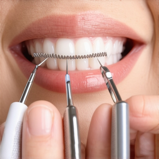 Proper flossing technique around a permanent retainer Person flossing around a dental retainer wire with floss threader