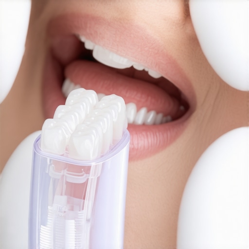 Person cleaning dental aligners and crowns with an ultrasonic device