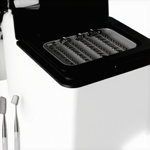 Ultrasonic Dental Tool Cleaner A professional ultrasonic cleaner sterilizing dental instruments in a clinic setting.