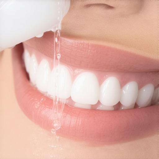 Person cleaning dental bridge with a water flosser, highlighting effective dental hygiene tools.