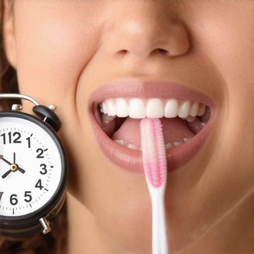 Person holding their toothbrush and looking at a clock, demonstrating delaying rinse for better fluoride absorption