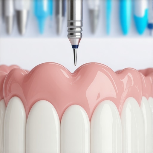 A close up of a dental crown being inspected with professional imaging tools.