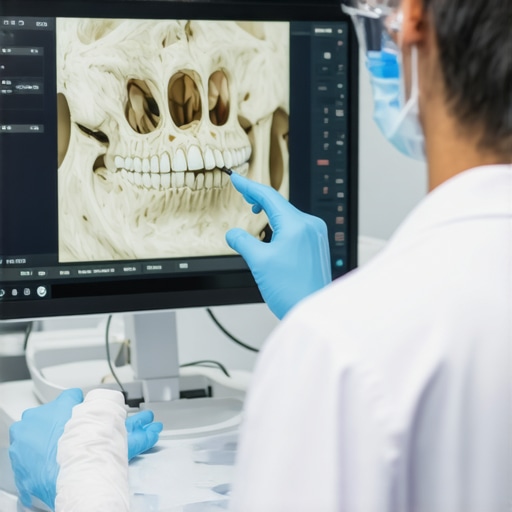 3D CBCT Scan for Gum Health Monitoring A digital 3D dental scan showing the bone and gum structure of a patient's jaw.