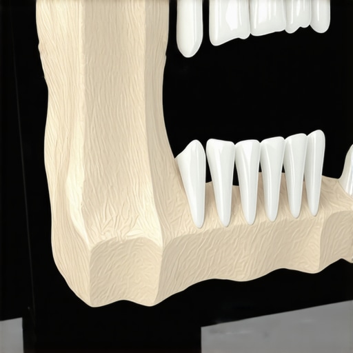 A 3D dental scan showing the internal structure of the jaw and dental crown alignment.