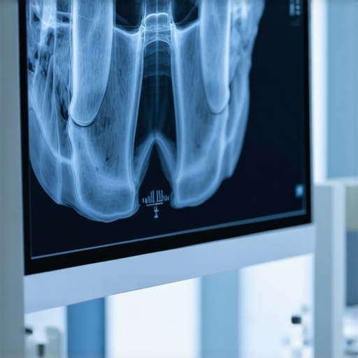 Close-up of a 3D dental scan showing jaw structure and tooth roots.