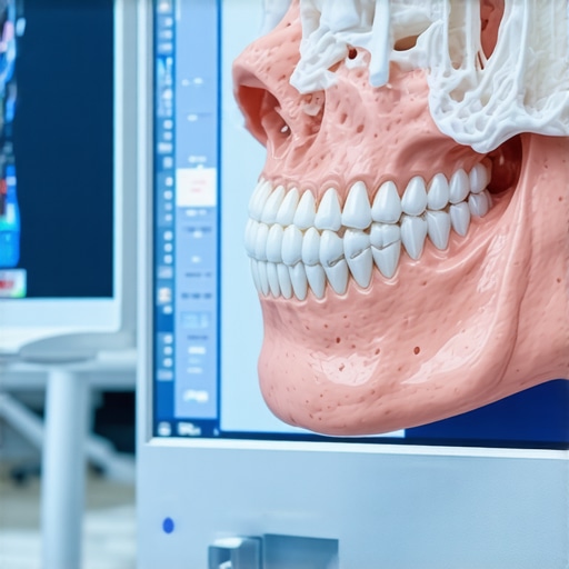 A detailed 3D dental scan showing internal tooth structures and crown placement.