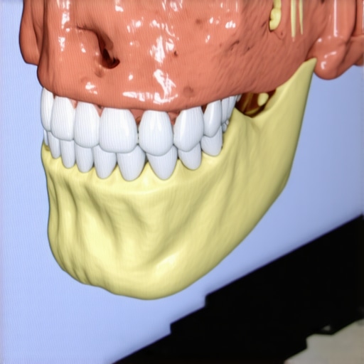 A close-up view of a digital 3D dental scan highlighting the precision fit of a bridge and bone health.