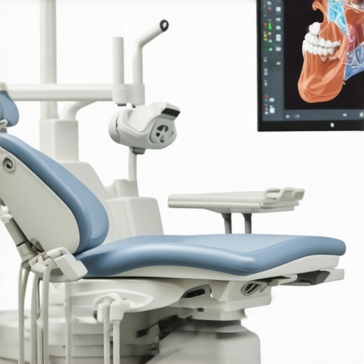 A 3D CBCT scanner in a modern dental office showing a digital dental model for precise treatment planning.