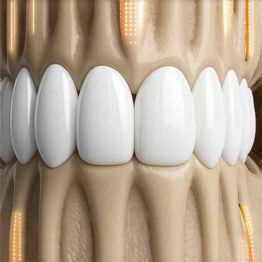 Advanced Biomechanics of the Jaw Joint 3D medical illustration showing dental crowns and jaw joint pressure points for oral health alignment.