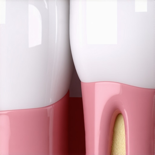 Advanced Cleaning Technique for Dental Crowns Close up of a soft toothbrush cleaning the margin of a porcelain dental crown to prevent gum recession.