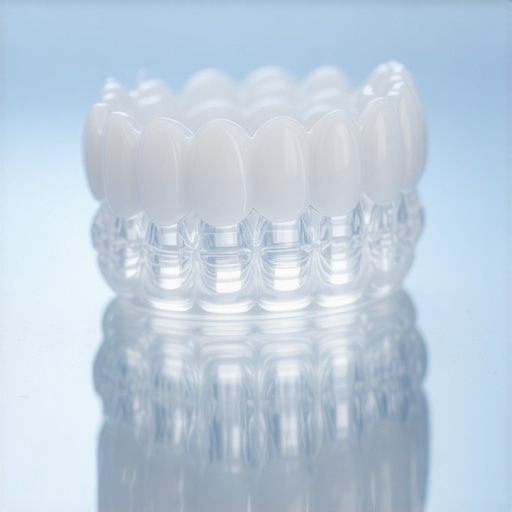 Advanced Dental Restorations and Aligners Close up of a dental crown and Invisalign tray on a dentist's table.