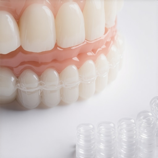 Close up of a dental crown and Invisalign clear aligner trays illustrating modern oral health solutions.