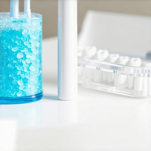 Electric toothbrush and clear aligner cleaning accessories on a bathroom counter.