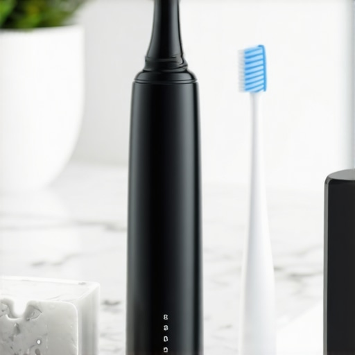 Modern water flosser and electric toothbrush on a bathroom counter