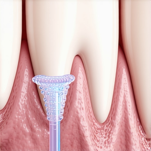 Advanced Water Flossing for Dental Crowns Close-up of a water flosser cleaning the margin of a porcelain dental crown.