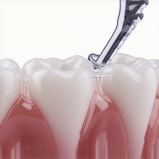 Close up of a clear aligner being seated on a molar with a dental crown restoration.