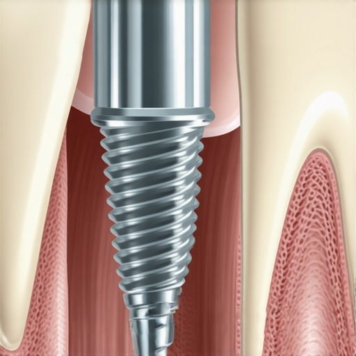Cross-section of a dental implant showing how the crown attaches to the post via an abutment screw.