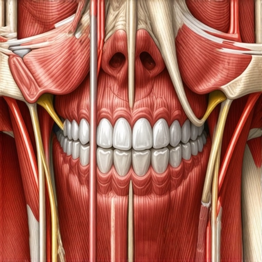 Anatomy of the TMJ and Facial Muscle Tension Professional medical illustration of the temporomandibular joint and jaw muscles affected by clenching and stress.