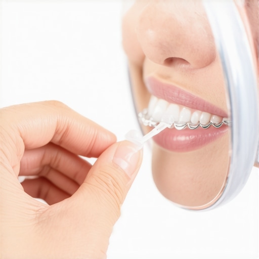 Close-up view of applying dental wax to a sharp braces wire.