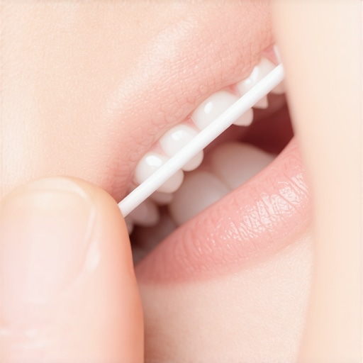 Applying a protective barrier to gums Person applying petroleum jelly to gums to prevent whitening strip irritation