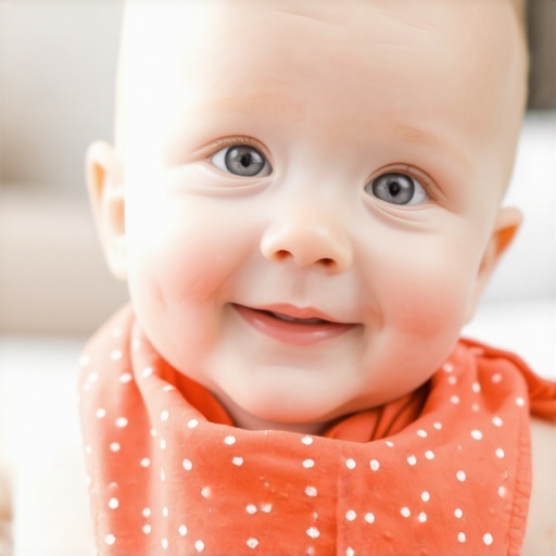 Baby wearing protective cotton bandana bib A happy baby wearing a dry fleece-backed bandana bib to prevent drool rash.