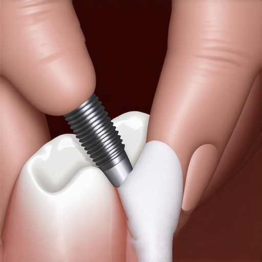 A person using sterile gauze to manually check if a dental implant crown is loose or shifting.