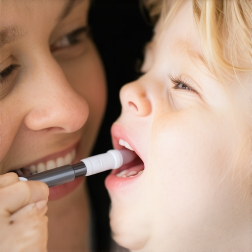 Checking child oral health with a flashlight Parent inspecting a child's teeth and tongue for signs of food traps or decay.