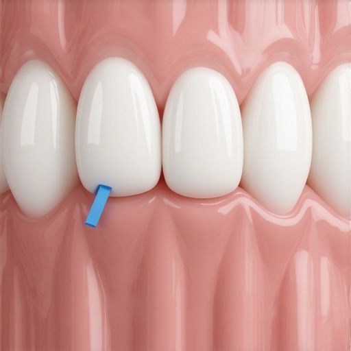 A dentist checking if a dental crown is too high using blue articulating paper.