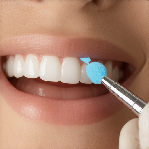 A dentist placing blue articulating paper between a patient's teeth to find high spots on a new dental crown.