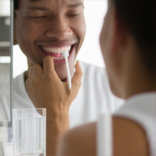A person examining their teeth in a mirror to check for enamel wear and stains.