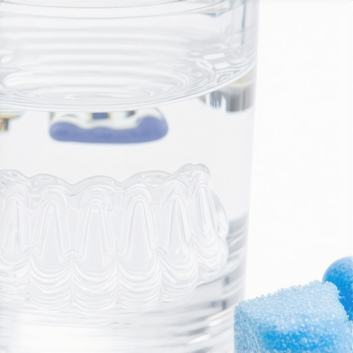 A pair of clear aligners soaking with an effervescent cleaning tablet to remove bacteria.