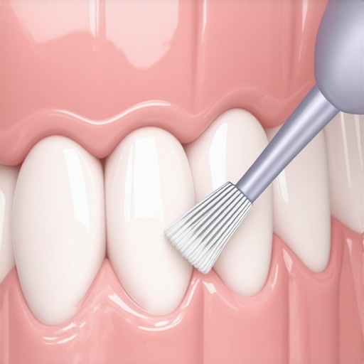 Cleaning a dental crown with an interdental brush Macro view of an interdental brush cleaning the margin of a ceramic dental crown