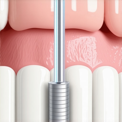 A person using a water flosser to clean the area around a dental implant to reduce sensitivity.