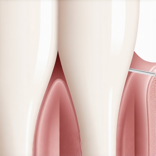 Cleaning the Crown Margin Close-up illustration of flossing around a dental crown margin to relieve pressure.